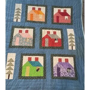 Handmade Patchwork Neighborhood Blue Lap Quilt 55" X 48" Notes